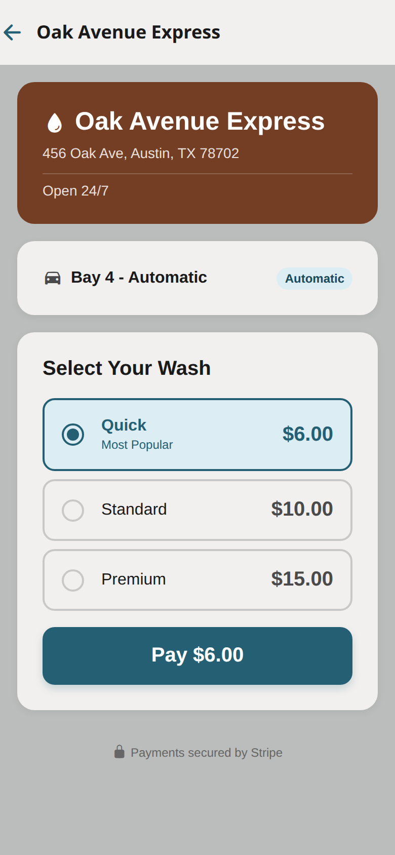 Wash Payment Screen
